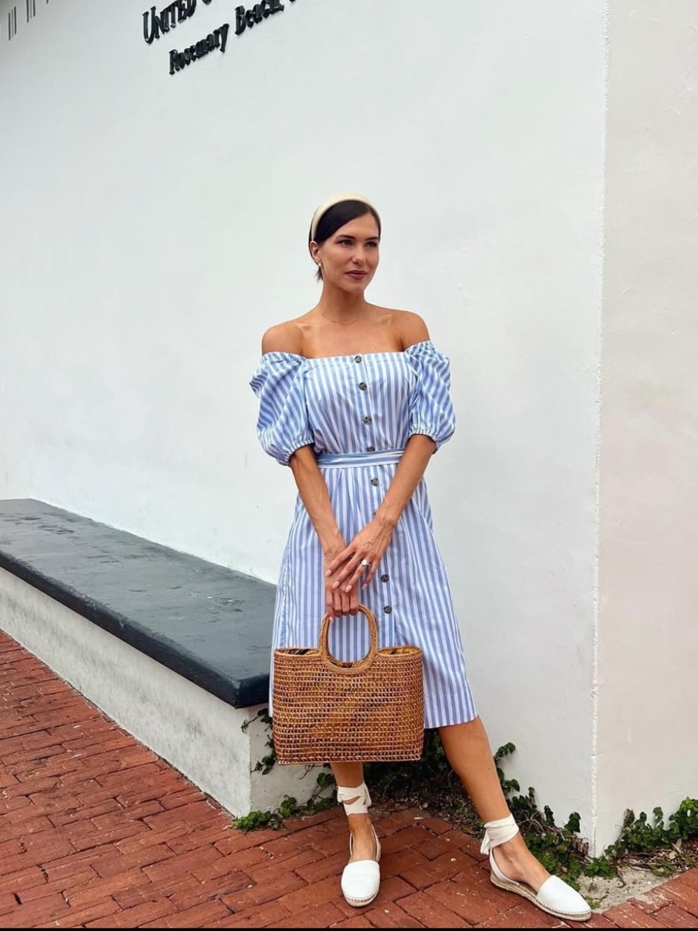 J. Crew Blue & White Striped Off-Shoulder Midi Dress